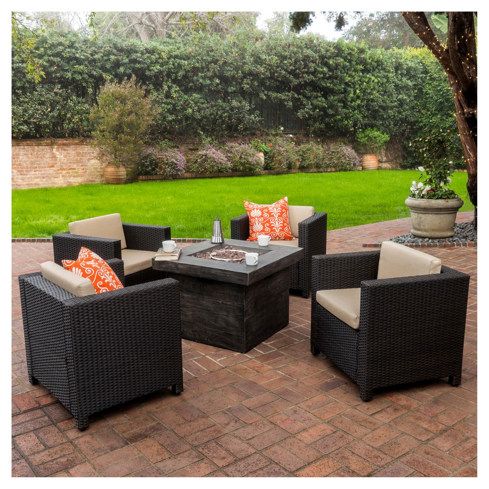 Puerta 5pc All-Weather Wicker Patio Club Chairs with Firepit Brown/Gray - Christopher Knight Home