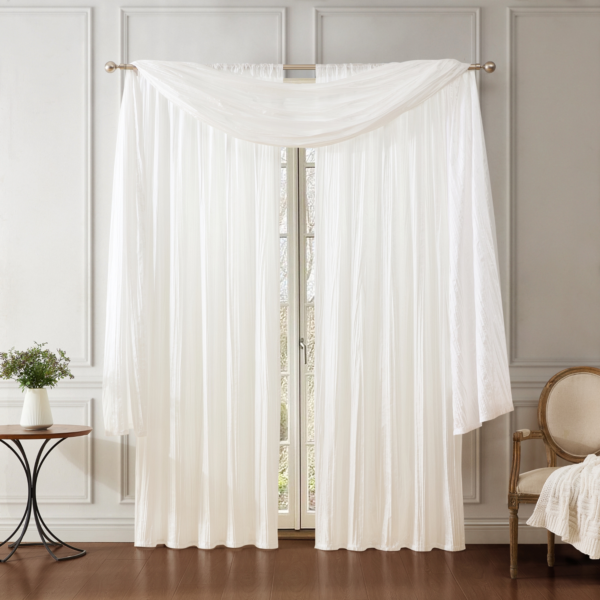 White Athena Faux Silk Window Curtaipn and Scarf Set - 52" x 108" - White - Elrene Home Fashions