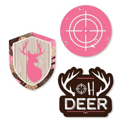 Big Dot of Happiness Pink Gone Hunting - DIY Shaped Deer Hunting Girl Camo Baby Shower or Birthday Party Cut-Outs - 24 Count