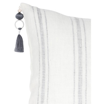 White and Grey Striped Cotton Embroidered Pillow