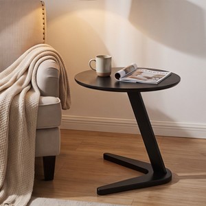 White 19.7 Inch Round Z-Shaped End Table, MDF Tabletop with Oak Veneer ...