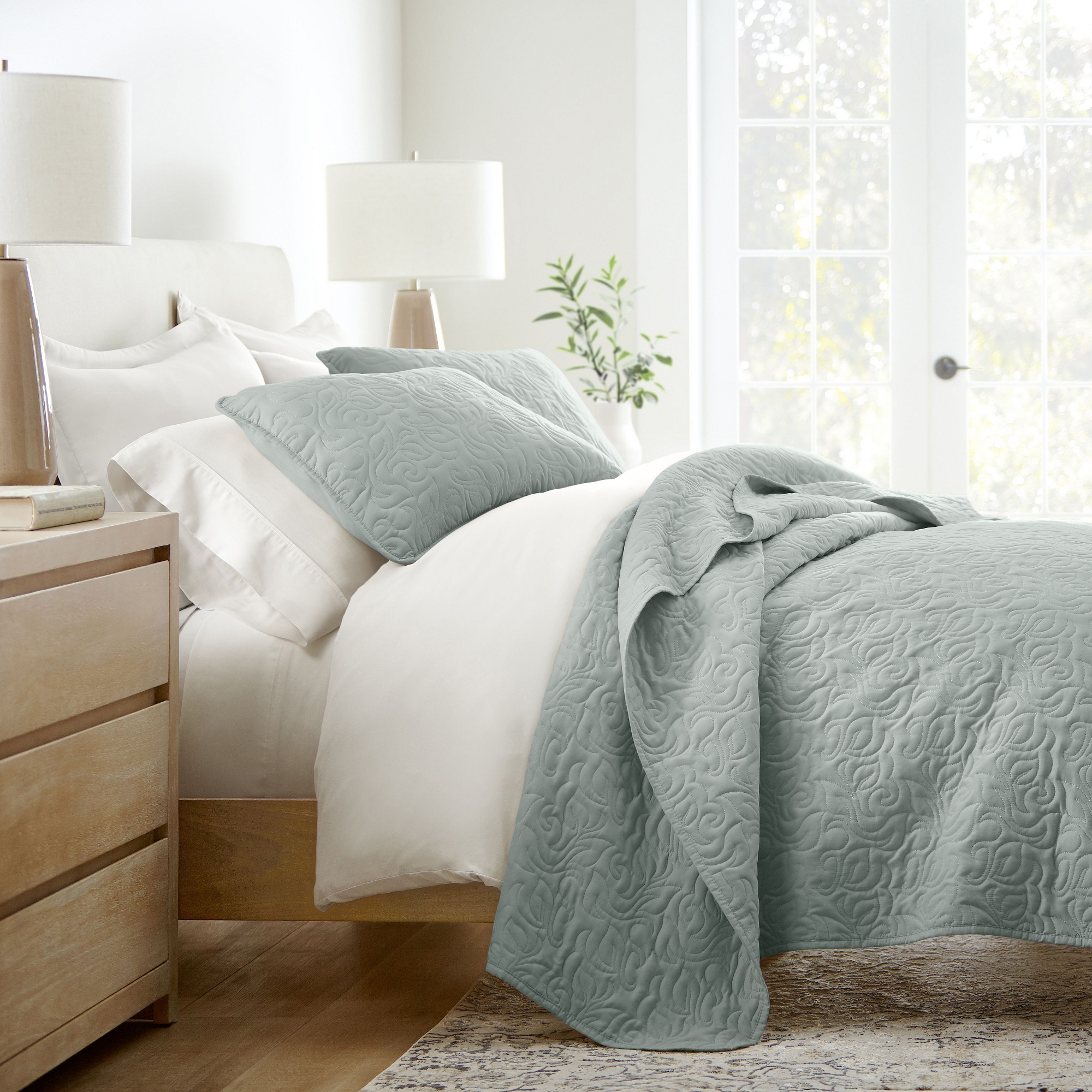 Stripes Floral and Diamonds Quilted Coverlet Set With Shams - Becky Cameron, Floral Stitch / Eucalyptus, Full/Queen