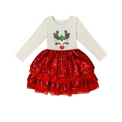 Sparkling Reindeer Sequin Long Sleeve Tutu Dress Mia Belle Girls