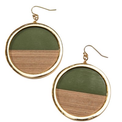 Olive Green Enamel Wood Circle Earrings