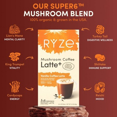 RYZE Vanilla Mushroom Coffee Latte sticks - 2.3oz/5ct