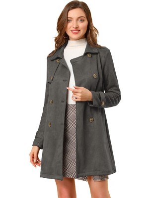 Allegra K Women's Notched Lapel Double Breasted Faux Suede Trench Coat with Belt