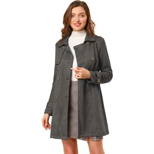 Allegra K Women's Notched Lapel Double Breasted Faux Suede Trench Coat with Belt - 1 of 4