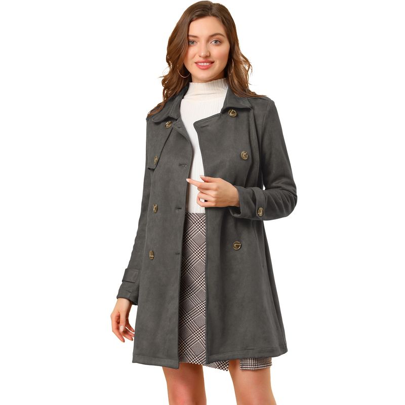 Allegra K Women's Notched Lapel Double Breasted Faux Suede Trench Coat with Belt, 1 of 8