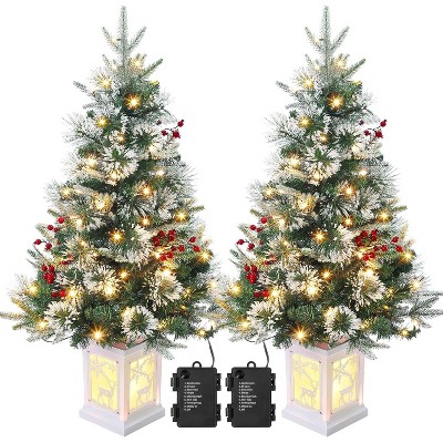 Artificial Christmas Tree Tabletop, Flocked Potted Christmas Tree with Berry Clusters, Battery Operated, for Front Door, Porch