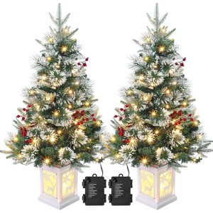 Artificial Christmas Tree Tabletop, Flocked Potted Christmas Tree with Berry Clusters, Battery Operated, for Front Door, Porch - 1 of 4