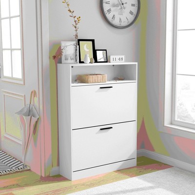 ORRD White Slim Shoe Cabinet, 2 Flip-Drawer Hidden Storage for Entryway & Hallway