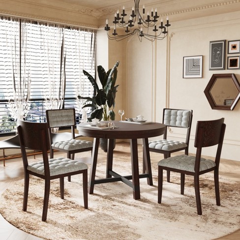 Round dining table with tufted online chairs