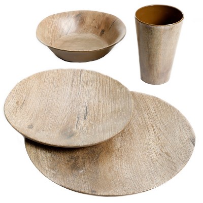 Woodgrain Brown Melamine Round Dinnerware Set, Service for 4