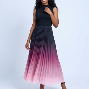 high neck dress flowy Generic Women's Mock Neck Long Sleeve Pleated Chiffon Long Dress High Waist  Belted Flowy A Line Cocktail Party Dress