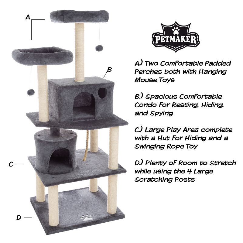5-Tier Ultimate Cat Tree - 8 Cat Scratching Posts, 2 Padded Perches, 2 Kitty Huts, and 3 Hanging Toys for Multiple Cats by PETMAKER (Dark Gray), 3 of 8
