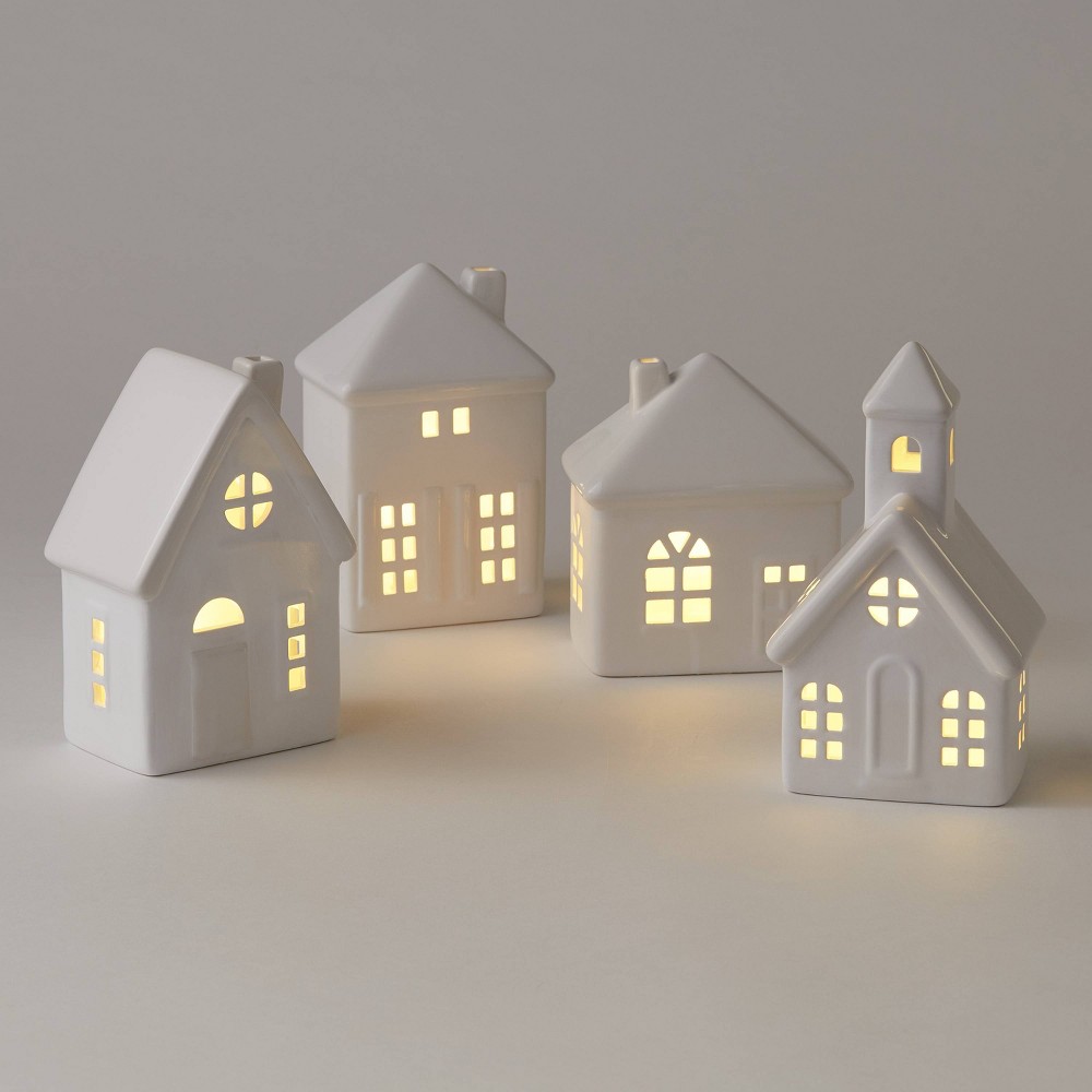 4pc Battery Operated Decorative Ceramic Village Set White - Wondershop