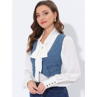 Allegra K Women's Denim Button Up Sleeveless Crop Jean Vest Waistcoat Light Blue Large — фото 3