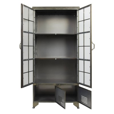 Distressed Black Metal 57.5" Tall Storage Cabinet with Glass Doors