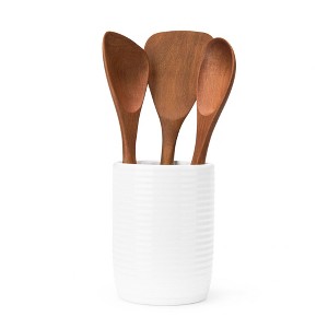 Nambe x Tom Papa Breaking Bread Canister with Acacia Wood Utensils - Contemporary Stoneware Kitchen Tool Holder, Includes Round Spoon - 1 of 4