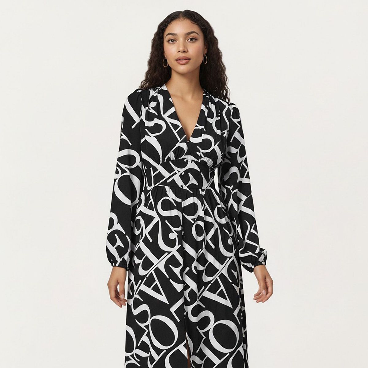 Anna-Kaci Women's Black and White Abstract Logo Print Long Sleeve Wrap Dress with Belt and Asymmetrical Hem - thumbnail 2