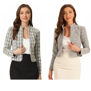 INSPIRE CHIC Women's Tweed Stand Collar Business Open Front Cropped Jacket 2 Packs - 1 of 4
