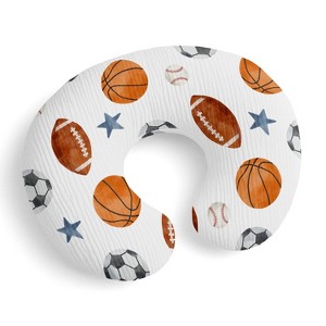 Sweet Jojo Designs Baby Boy Muslin 100% Cotton Nursing Pillow Cover Watercolor Sports Theme Blue Brown and Orange - 1 of 4