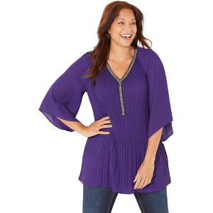 Catherines Women's Plus Size Bejeweled Pleated Blouse - 1 of 4