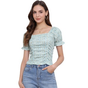 INSPIRE CHIC Women's Ruched Front Short Sleeve Floral Cropped Tops - 1 of 4