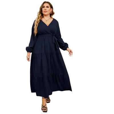 Women Plus Size V Neck Wrap Maxi Dress High Waist Ruffle Summer Casual Dress with Belt Long Sleeve,navy blue yellow flower
