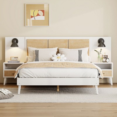 3-Piece Bedroom Set, Tufted Wingback Bed With 2 Nightstands, Nightstands With Drawers, Queen Size Solid Wood Bed Frame-Cuddlewood
