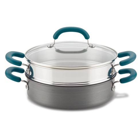 Rachael Ray 2-Quart Nonstick Induction Straining Saucepan, Aluminum, Teal, Create Delicious Collection