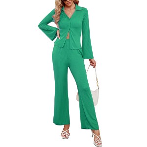 Clearlove Women's Two Piece Outfit Button Down Shirt Wide Leg Pants Set Long Sleeve Lounge Suit - 1 of 4