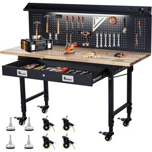 60-Inch Adjustable Workbench with Wheels, Solid Rubberwood Top, Pegboard, Drawer & Power Outlets, 2000 lb Capacity for Garage, Workshop & Home Office - 1 of 4