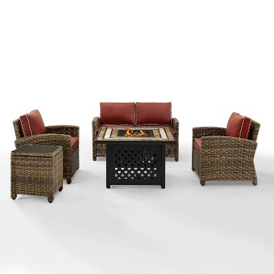 Bradenton 5pc Outdoor Wicker Conversation Set with Fire Table - Sangria - Crosley