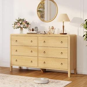 GustoWave Retro Farmhouse Dresser with 6 Drawers for Bedroom, Curved Horizontal Dresser with Metal Pull Ring, Natural Texture - 1 of 4