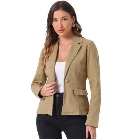 INSPIRE CHIC Women's Notched Lapel Button Up Long Sleeve Washed Denim Blazer Medium Khaki