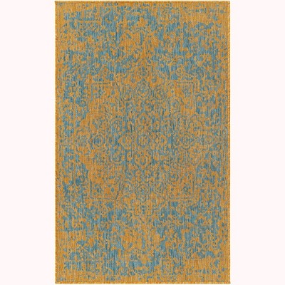 Yellow and Aqua Rectangular Synthetic Outdoor Area Rug