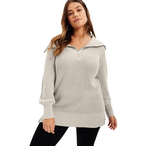 June + Vie Women's Plus Size Half-zip Sweater, 22/24 - Heather Oatmeal :  Target