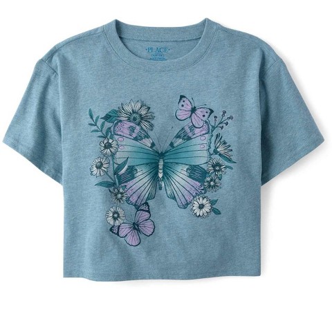 The Children's Place Girls Short Sleeve Marled Butterfly Relaxed Cropped Graphic Tee Blue M (7/8)