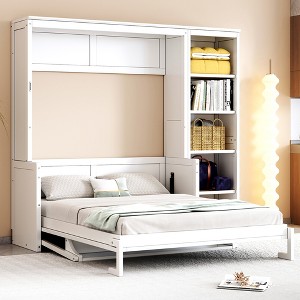 TIRAMISUBEST Full/Queen Size Murphy Bed with Front Desk, Wall Bed Folding Bed Frame with 5-Tier Side Bookshelf - 1 of 4