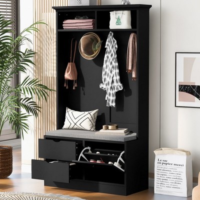 5-in-1 Entryway Bench with Coat Rack, Cushion and 4 Sturdy Hooks, 40.6'' Wide Hall Tree with Shoe Storage Bench