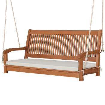 Costway 2-Person Hanging Porch Swing Wood Bench with Cushion Curved Back Outdoor Natural