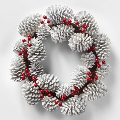 18in Unlit White Pinecone Red Berry Wreath - Wondershop™