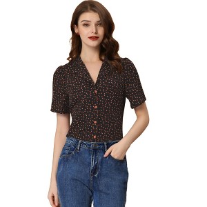 Allegra K Women's Heart-Shaped Polka Dots V Neck Short Sleeve Button Down Vintage Blouse - 1 of 4