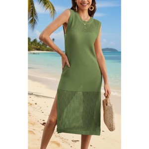 Women's Sleeveless Crewneck Midi Dress  Side Split Beach Cover-Up,Green, Large : Target