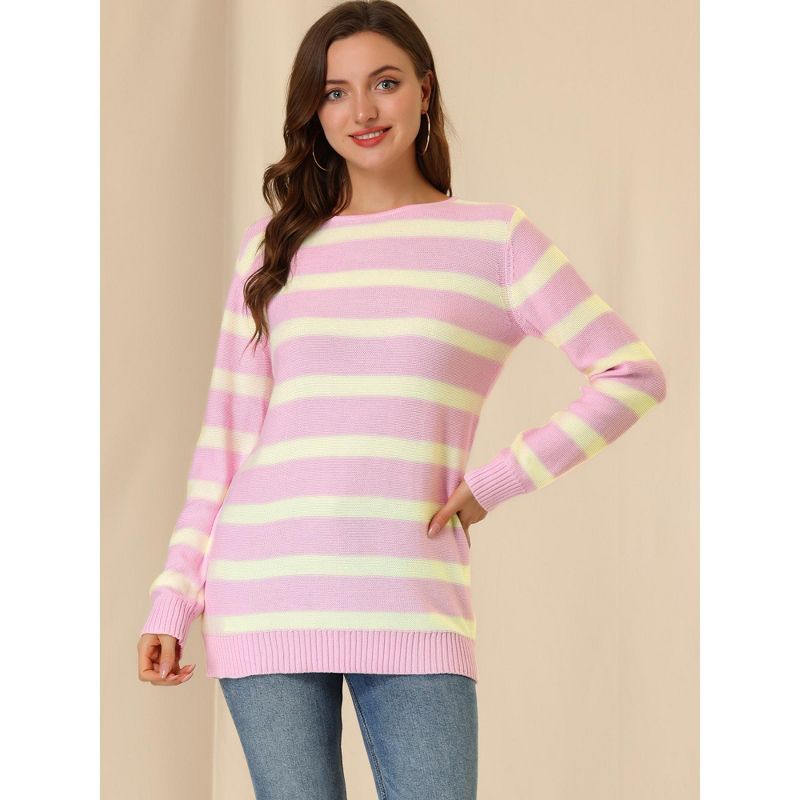 Allegra K Women's Long Sleeves Drop Shoulder Loose Striped Sweater, 4 of 7