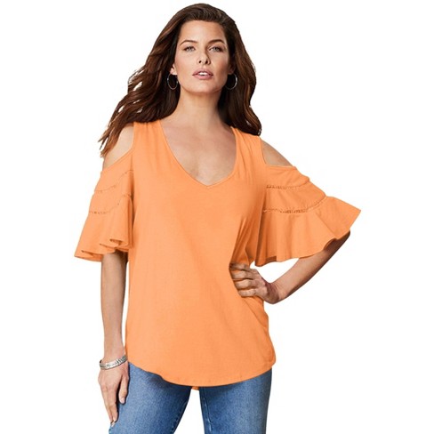 Roaman s Women s Plus Size Ruffle sleeve Top With Cold Shoulder Detail 22 24 Orange Melon Target