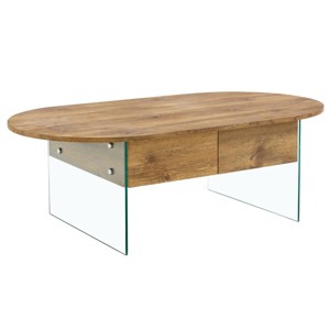 ChicFurnit Coffee Table Cozy Oval Design with Double Drawers and Transparent Tempered Glass for Living Room, Brown, 47.64"*28.15"*5.51" - 1 of 4