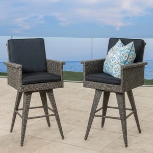GDFStudio Venice Outdoor Wicker 30 Inch Swivel Barstools with Cushions (Set of 2), Mixed Black/Dark Gray - 1 of 4