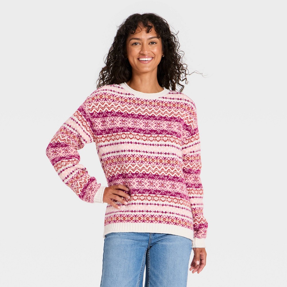 Women's Fairisle Crewneck Pullover Sweater - Universal Thread™ Pink XS